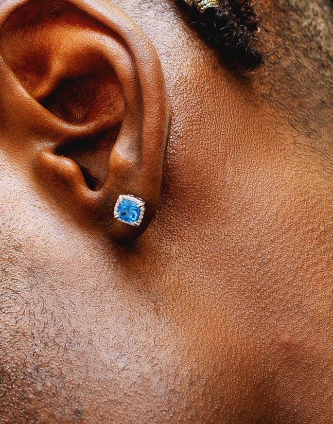 RARE PRINCE by CARAT SUTRA | Princess Cut Blue Topaz & Diamond Stud Earrings for Men | AAA+ Quality Swarovski Diamond & White Rhodium 925 Sterling Silver Earrings | Jewellery for Men| With Certificate of Authenticity and 925 Hallmark - Image 3