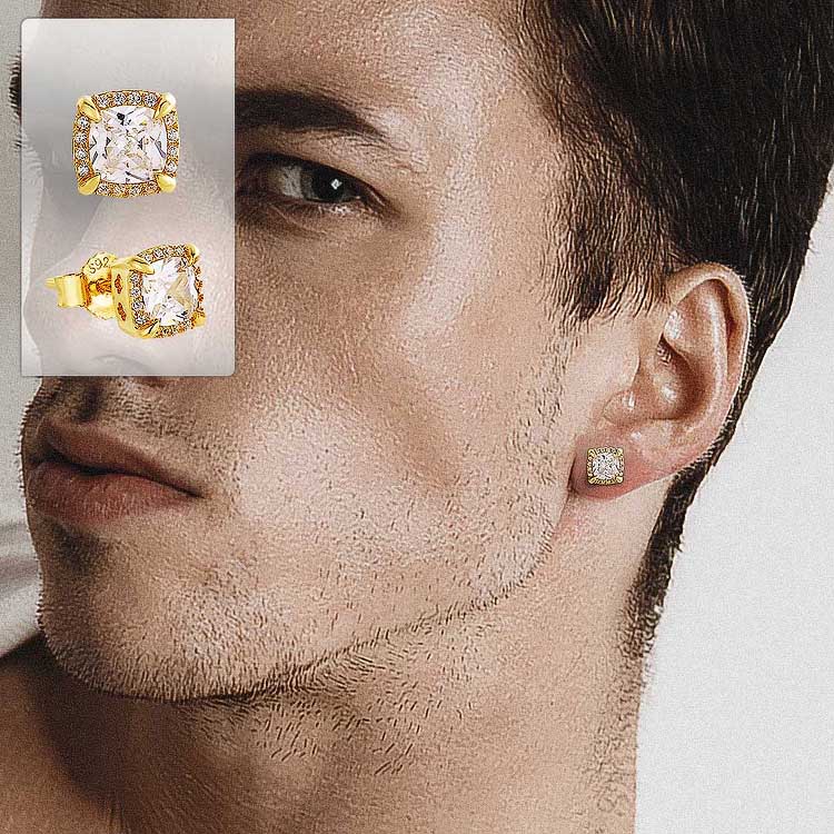 RARE PRINCE by CARAT SUTRA | Princess Cut Diamond Stud Earrings for Men | AAA+ Quality Swarovski Diamond & White Rhodium & 22kt Gold Plated 925 Sterling Silver Earrings | Jewellery for Men| With Certificate of Authenticity and 925 Hallmark - Image 4