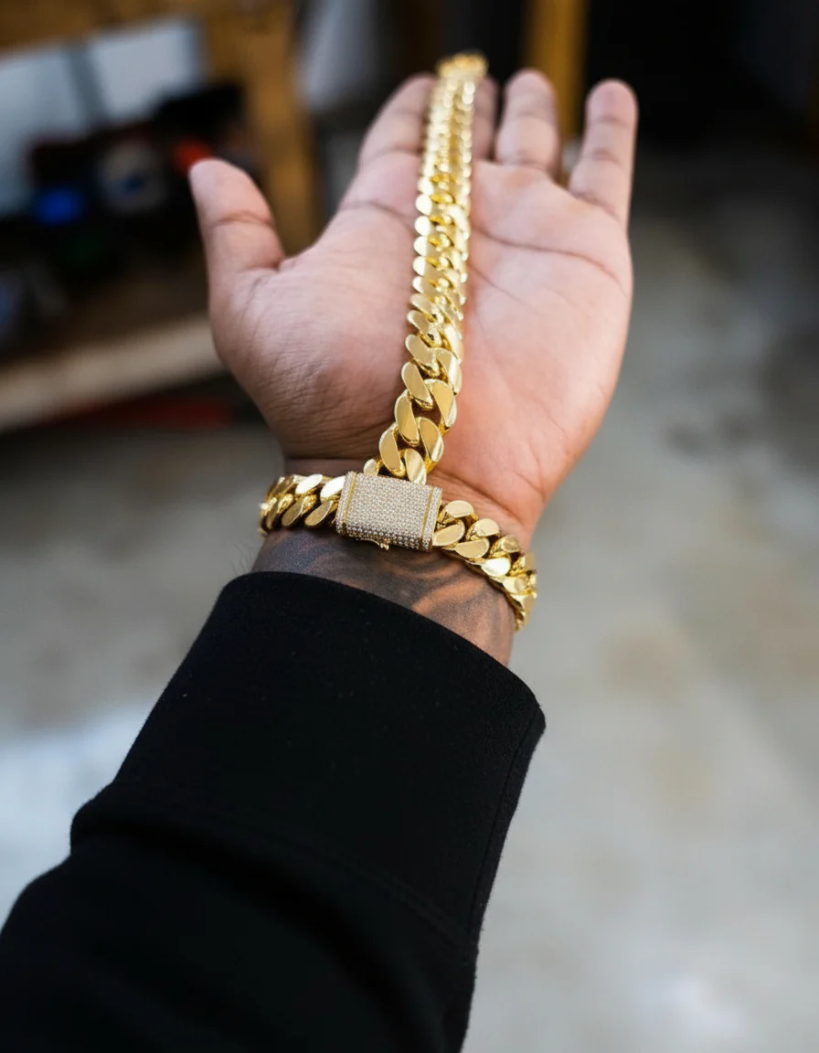 RARE PRINCE by CARAT SUTRA | Solid 12mm Miami Cuban Link Bracelet with Iced Lock | 22kt Gold Micron Plated on 925 Sterling Silver Bracelet with AAA+ Quality Swarovski Diamonds | Men's Jewelry | With Certificate of Authenticity and 925 Hallmark - Image 8