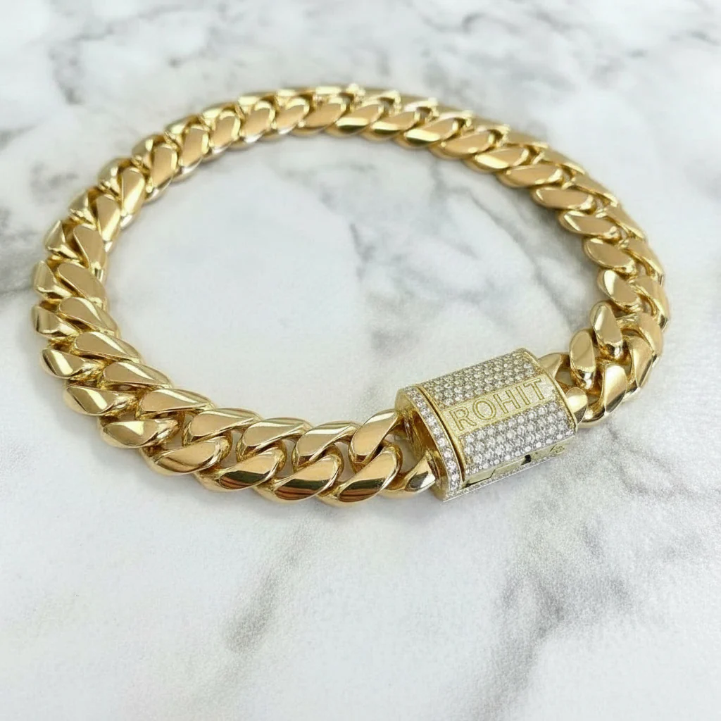 RARE PRINCE by CARAT SUTRA | Solid 14mm Miami Cuban Link Bracelet with Iced Lock | 22kt Gold Micron Plated on 925 Sterling Silver Bracelet with AAA+ Quality Swarovski Diamonds | Men's Jewelry | With Certificate of Authenticity and 925 Hallmark - Image 4