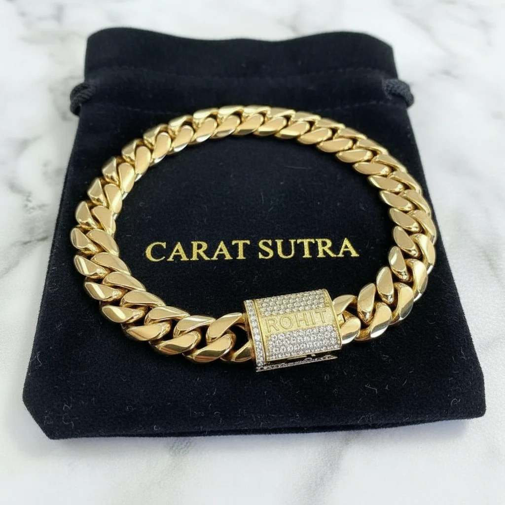 RARE PRINCE by CARAT SUTRA | Solid 14mm Miami Cuban Link Bracelet with Iced Lock | 22kt Gold Micron Plated on 925 Sterling Silver Bracelet with AAA+ Quality Swarovski Diamonds | Men's Jewelry | With Certificate of Authenticity and 925 Hallmark - Image 5