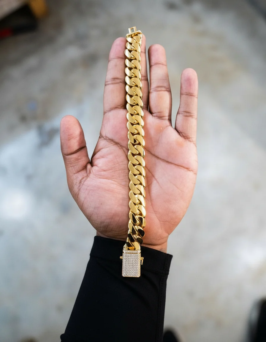 RARE PRINCE by CARAT SUTRA | Solid 14mm Miami Cuban Link Bracelet with Iced Lock | 22kt Gold Micron Plated on 925 Sterling Silver Bracelet with AAA+ Quality Swarovski Diamonds | Men's Jewelry | With Certificate of Authenticity and 925 Hallmark - Image 7