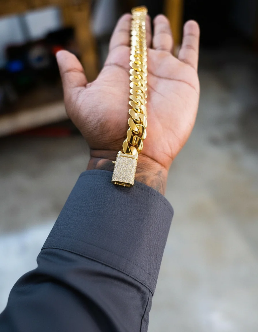 RARE PRINCE by CARAT SUTRA | Solid 14mm Miami Cuban Link Bracelet with Iced Lock | 22kt Gold Micron Plated on 925 Sterling Silver Bracelet with AAA+ Quality Swarovski Diamonds | Men's Jewelry | With Certificate of Authenticity and 925 Hallmark - Image 9