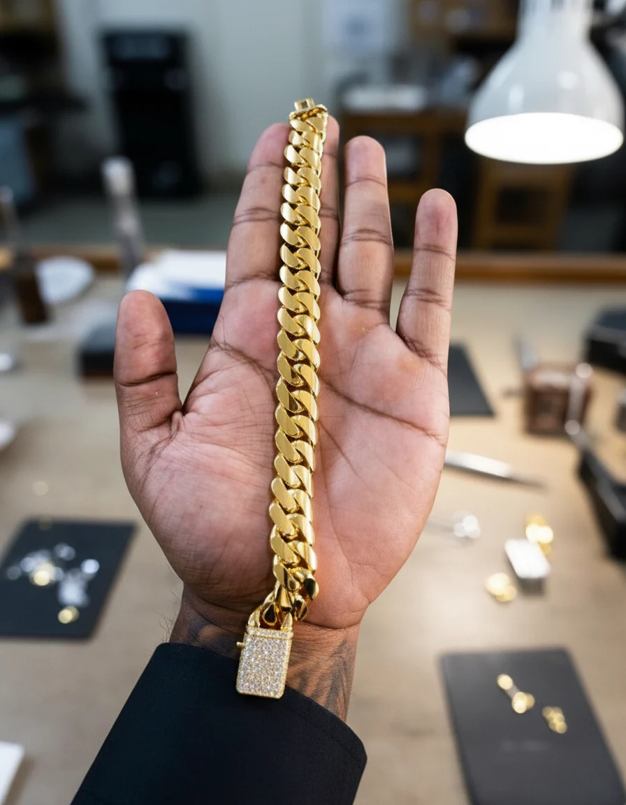 RARE PRINCE by CARAT SUTRA | Solid 16mm Miami Cuban Link Bracelet with Iced Lock | 22kt Gold Micron Plated on 925 Sterling Silver Bracelet with AAA+ Quality Swarovski Diamonds | Men's Jewelry | With Certificate of Authenticity and 925 Hallmark - Image 5