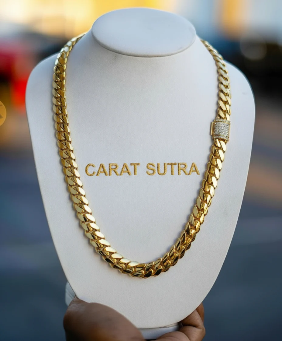RARE PRINCE by CARAT SUTRA | Solid 14mm Miami Cuban Link Chain with Iced Lock | 22kt Gold Micron Plated on 925 Sterling Silver Chain with AAA+ Quality Swarovski Diamonds | Men's Jewelry | With Certificate of Authenticity and 925 Hallmark - Image 7