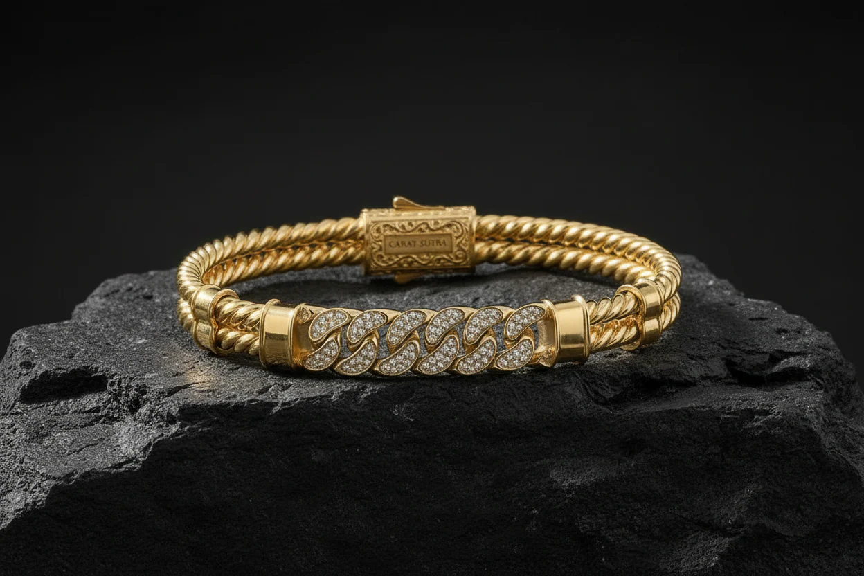 RARE PRINCE by CARAT SUTRA | Exclusive Iced Cuban Links Twined Bangle Bracelet for Men, 925 Sterling Silver 22kt Micron Gold Plated Bracelet| With Certificate of Authenticity and 925 Hallmark