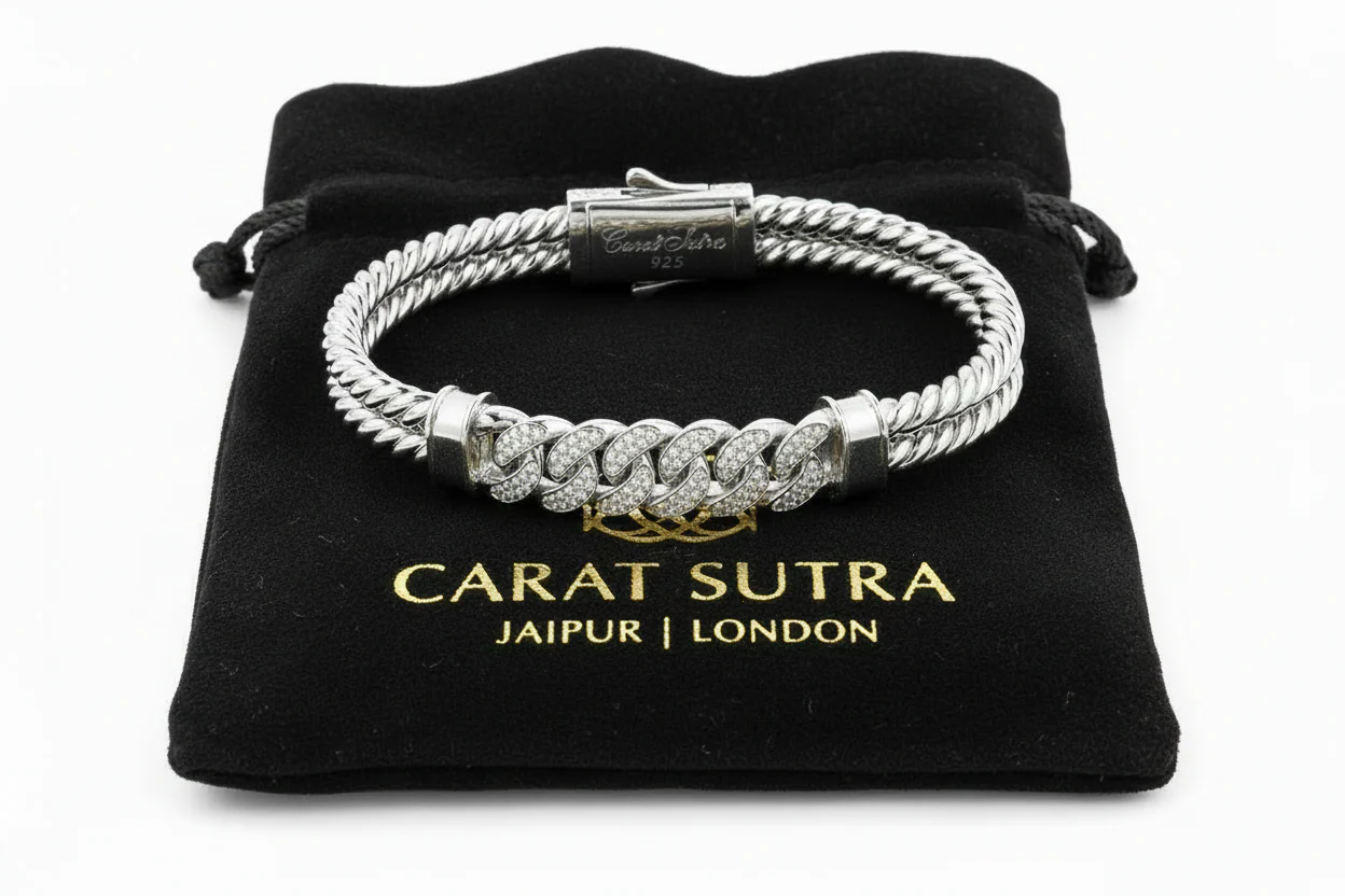 RARE PRINCE by CARAT SUTRA | Exclusive Iced Cuban Links Twined Bangle Bracelet for Men, 925 Sterling Silver 22kt Micron Gold Plated Bracelet| With Certificate of Authenticity and 925 Hallmark - Image 2