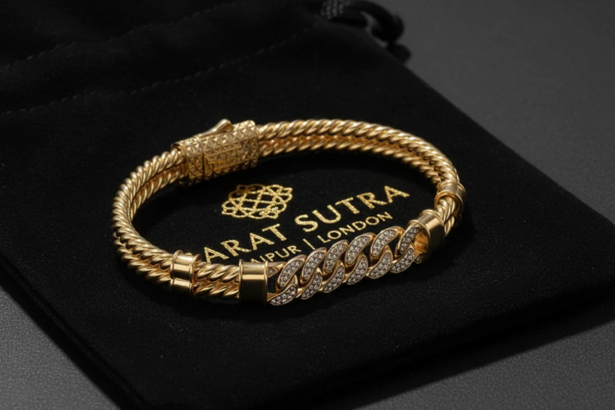 RARE PRINCE by CARAT SUTRA | Exclusive Iced Cuban Links Twined Bangle Bracelet for Men, 925 Sterling Silver 22kt Micron Gold Plated Bracelet| With Certificate of Authenticity and 925 Hallmark - Image 3