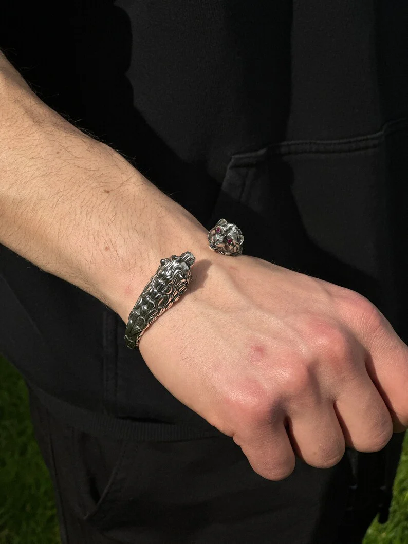 Adjustable Unique 925 Silver Oxidized Tiger Cuff | Bracelet for Men | 925 Sterling Silver Cuff | Men's Jewelry | With Certificate of Authenticity and 925 Hallmark - Image 3