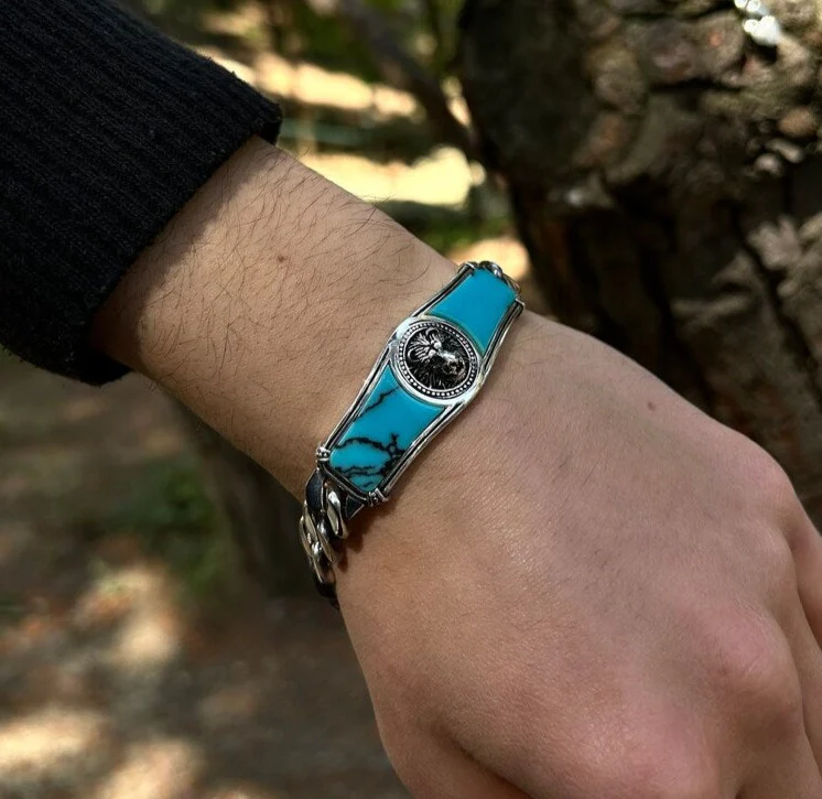 RARE PRINCE by CARAT SUTRA | Heavy Lion Chain Bracelet with Natural Irani Turquoise (Firoza) for Men | 925 Sterling Silver Bracelet | Men's Jewelry | With Certificate of Authenticity and 925 Hallmark