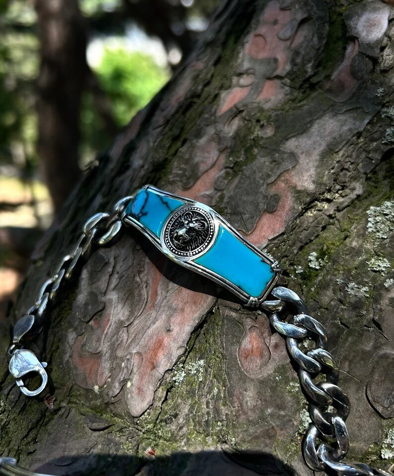 RARE PRINCE by CARAT SUTRA | Heavy Lion Chain Bracelet with Natural Irani Turquoise (Firoza) for Men | 925 Sterling Silver Bracelet | Men's Jewelry | With Certificate of Authenticity and 925 Hallmark - Image 2