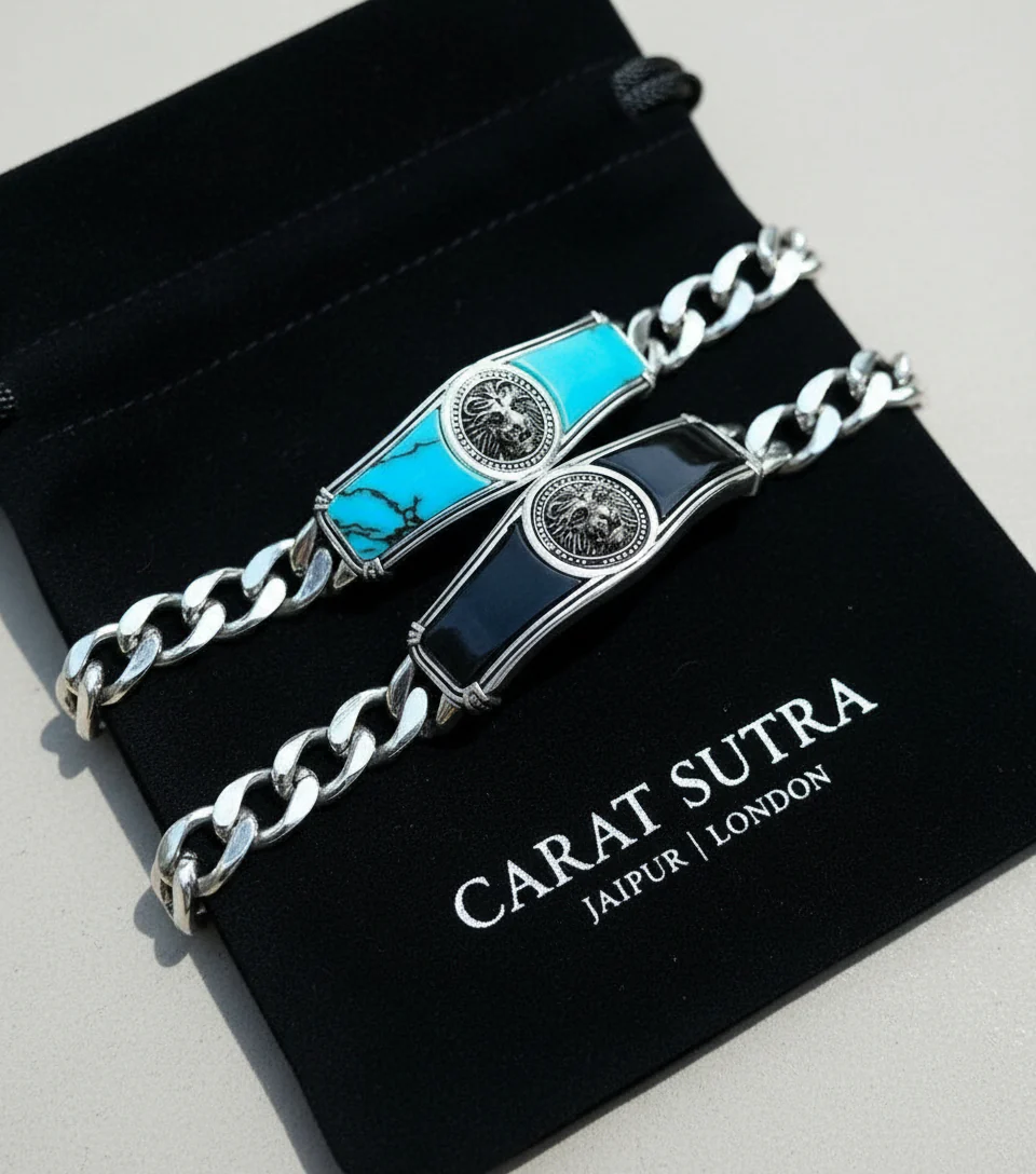 RARE PRINCE by CARAT SUTRA | Heavy Lion Chain Bracelet with Natural Irani Turquoise (Firoza) for Men | 925 Sterling Silver Bracelet | Men's Jewelry | With Certificate of Authenticity and 925 Hallmark - Image 3
