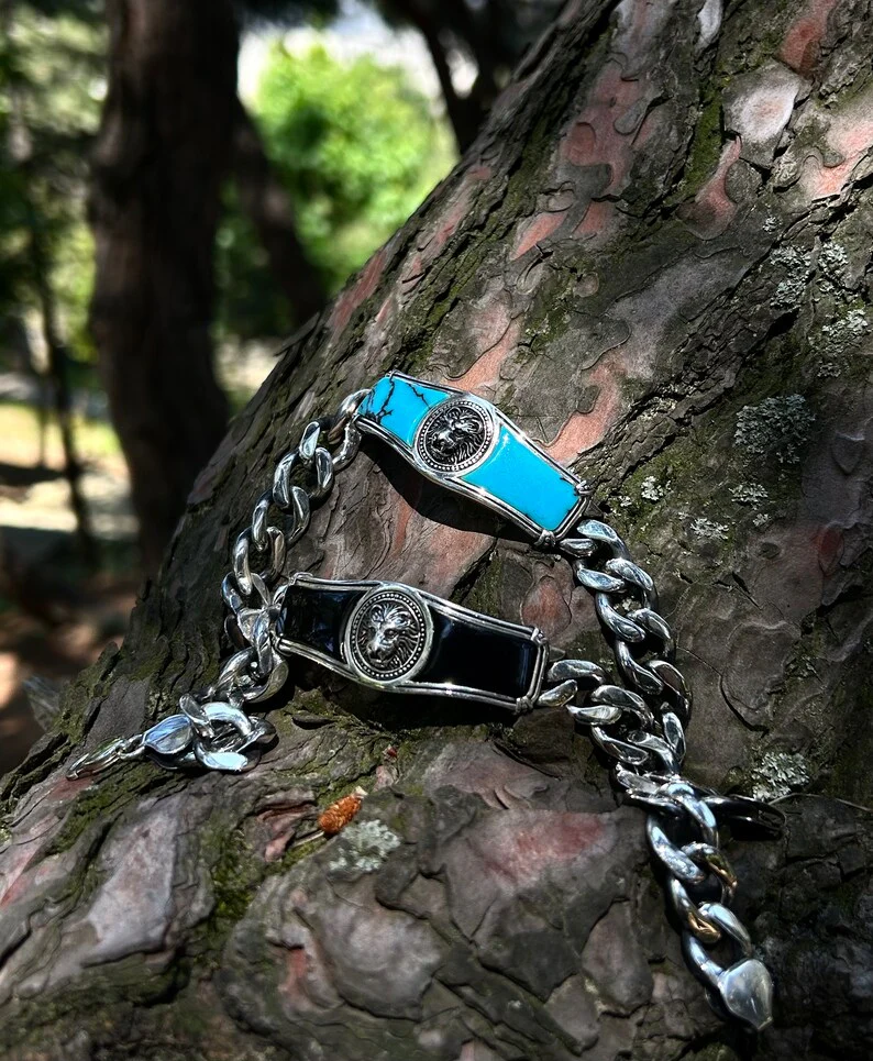 RARE PRINCE by CARAT SUTRA | Heavy Lion Chain Bracelet with Natural Irani Turquoise (Firoza) for Men | 925 Sterling Silver Bracelet | Men's Jewelry | With Certificate of Authenticity and 925 Hallmark - Image 5