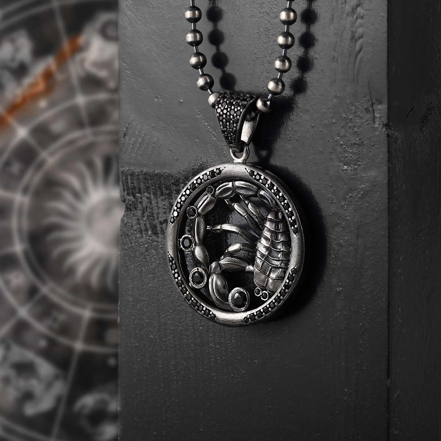 RARE PRINCE by CARAT SUTRA | Unique Scorpio Zodiac Designed Pendant Studded with Black Zircons | Unisex 925 Sterling Silver Oxidized Pendant | Men's Jewelry | With Certificate of Authenticity and 925 Hallmark