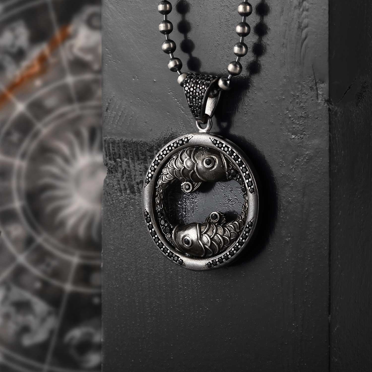 RARE PRINCE by CARAT SUTRA | Unique Pisces Zodiac Designed Pendant Studded with Black Zircons | Unisex 925 Sterling Silver Oxidized Pendant | Men's Jewelry | With Certificate of Authenticity and 925 Hallmark
