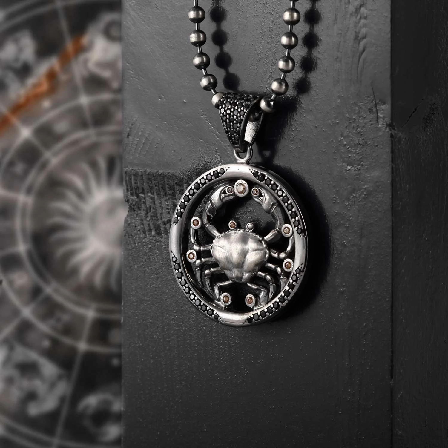 RARE PRINCE by CARAT SUTRA | Unique Cancer Zodiac Designed Pendant Studded with Black Zircons | Unisex 925 Sterling Silver Oxidized Pendant | Men's Jewelry | With Certificate of Authenticity and 925 Hallmark