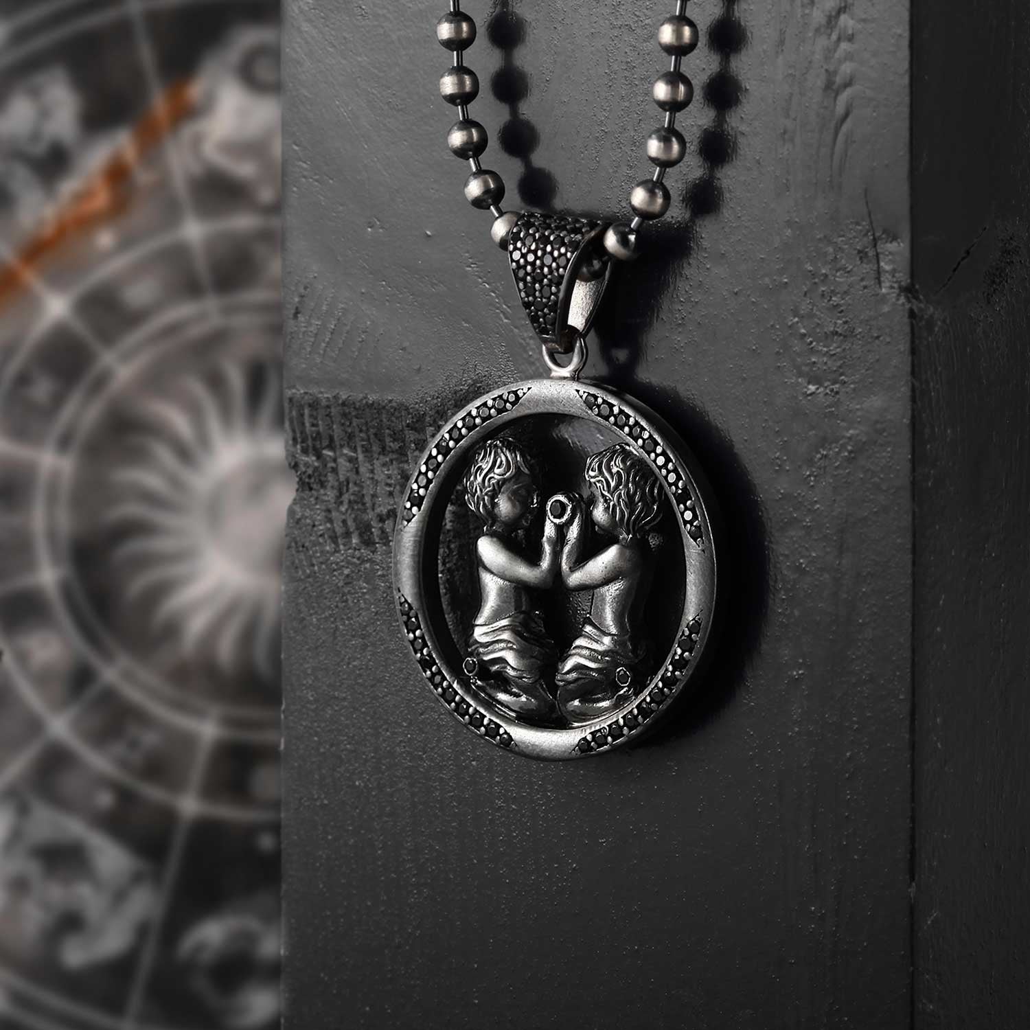 RARE PRINCE by CARAT SUTRA | Unique Gemini Zodiac Designed Pendant Studded with Black Zircons | Unisex 925 Sterling Silver Oxidized Pendant | Men's Jewelry | With Certificate of Authenticity and 925 Hallmark