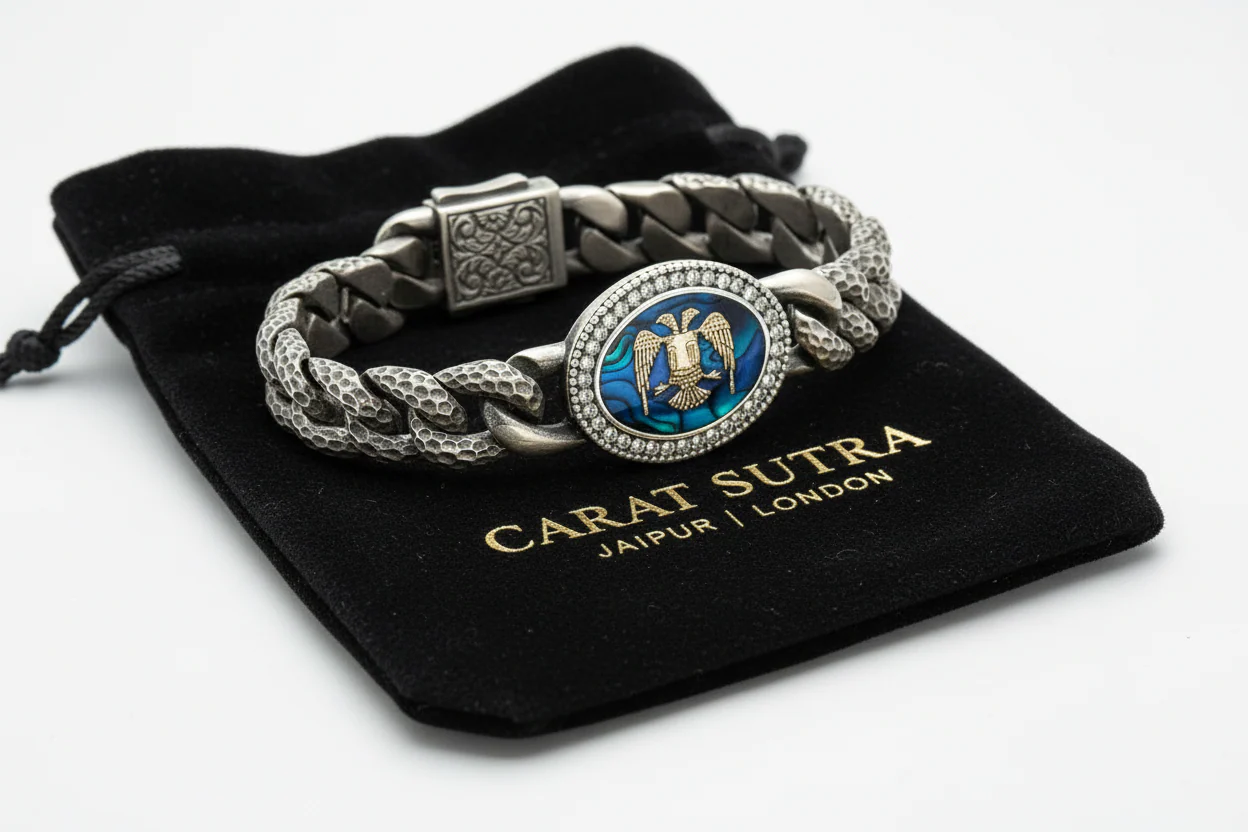 RARE PRINCE by CARAT SUTRA | Unique Style Double Headed Eagle Bracelet with Blue Enamel for Men | 925 Sterling Silver Oxidized Bracelet | Men's Jewelry | With Certificate of Authenticity and 925 Hallmark - Image 4