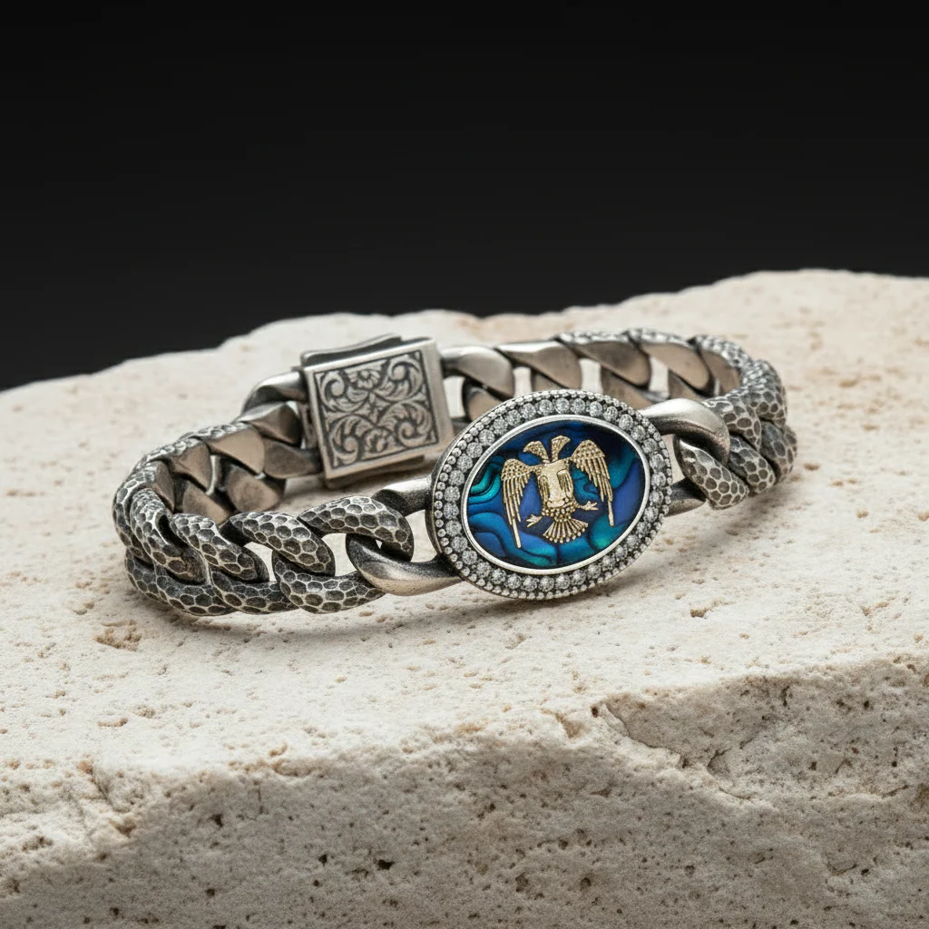 RARE PRINCE by CARAT SUTRA | Unique Style Double Headed Eagle Bracelet with Blue Enamel for Men | 925 Sterling Silver Oxidized Bracelet | Men's Jewelry | With Certificate of Authenticity and 925 Hallmark - Image 5