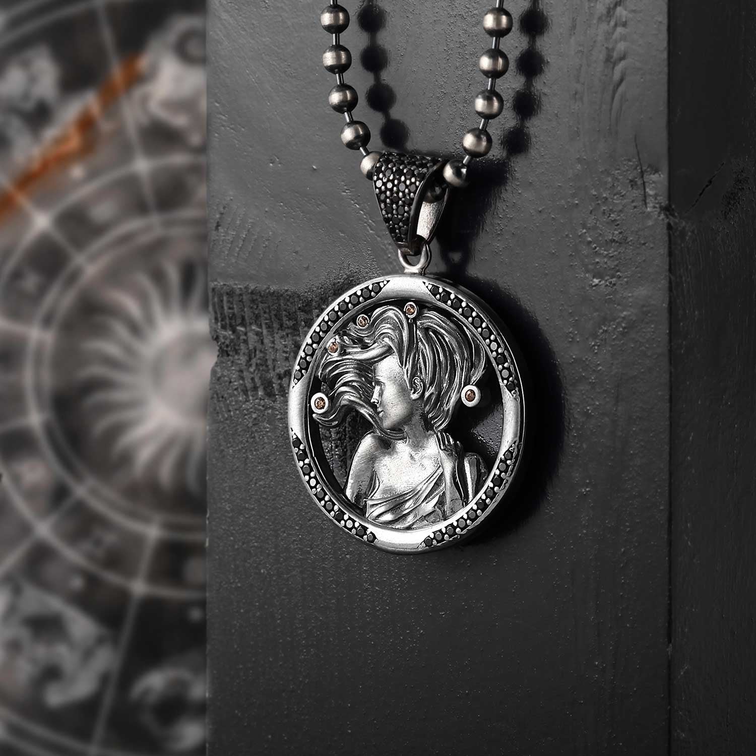 RARE PRINCE by CARAT SUTRA | Unique Virgo Zodiac Designed Pendant Studded with Black Zircons | Unisex 925 Sterling Silver Oxidized Pendant | Men's Jewelry | With Certificate of Authenticity and 925 Hallmark