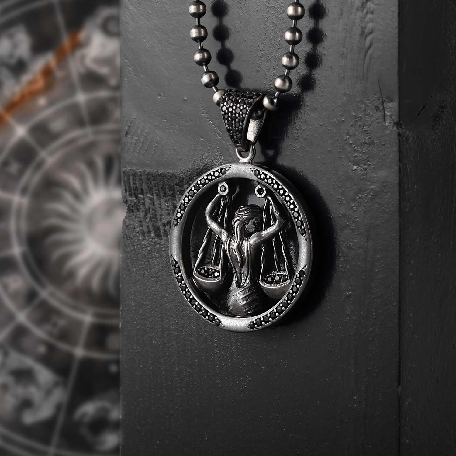 RARE PRINCE by CARAT SUTRA | Unique Libra Zodiac Designed Pendant Studded with Black Zircons | Unisex 925 Sterling Silver Oxidized Pendant | Men's Jewelry | With Certificate of Authenticity and 925 Hallmark