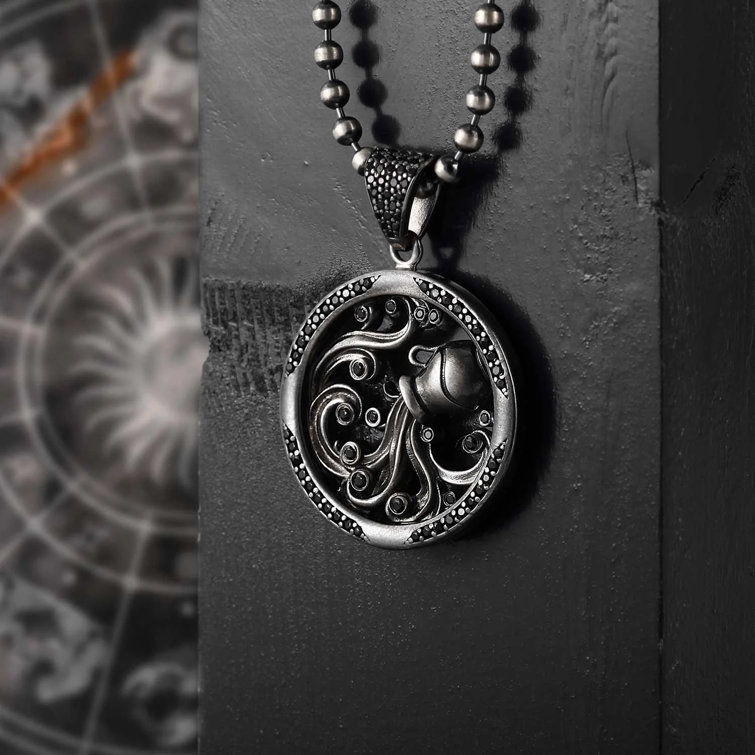 RARE PRINCE by CARAT SUTRA | Unique Aquarius Zodiac Designed Pendant Studded with Black Zircons | Unisex 925 Sterling Silver Oxidized Pendant | Men's Jewelry | With Certificate of Authenticity and 925 Hallmark