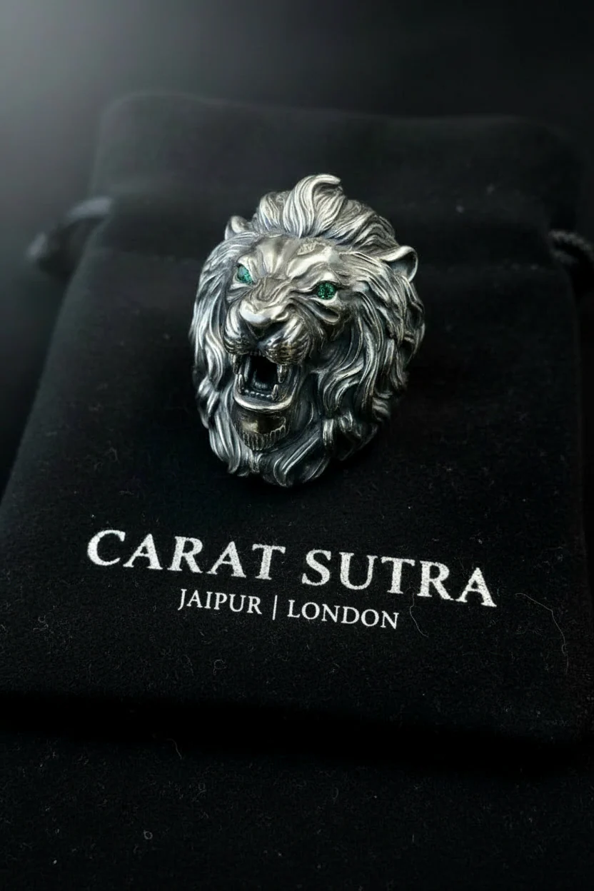 100g Unique Designed 3D Lion Face Ring with real Emerald green eyes | 925 Sterling Silver Oxidized Ring | With Certificate of Authenticity and 925 Hallmark - Image 3