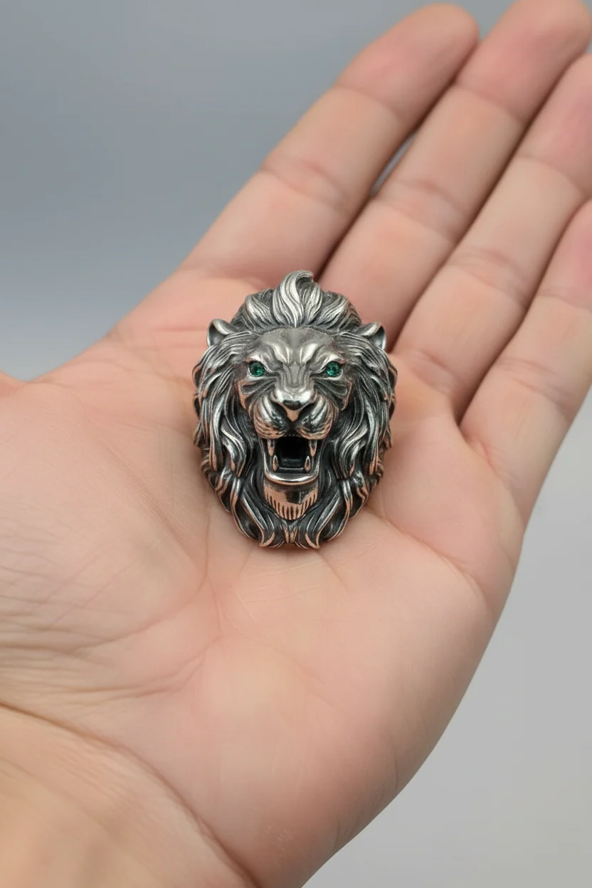 100g Unique Designed 3D Lion Face Ring with real Emerald green eyes | 925 Sterling Silver Oxidized Ring | With Certificate of Authenticity and 925 Hallmark - Image 4