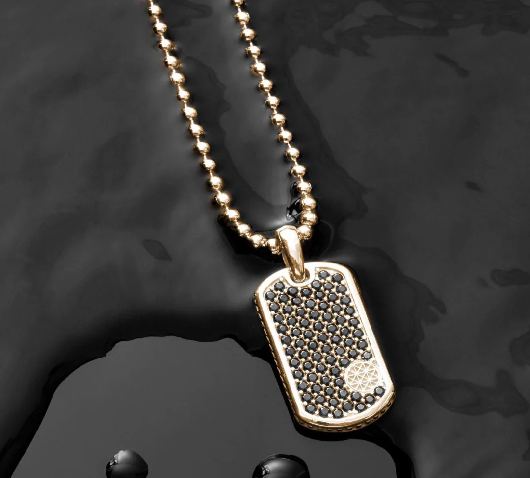RARE PRINCE by CARAT SUTRA | Unique Designed Paved Tag Pendant Studded with Black Zircons | 22kt Gold Micron Plated 925 Sterling Silver Pendant | Men's Jewelry | With Certificate of Authenticity and 925 Hallmark