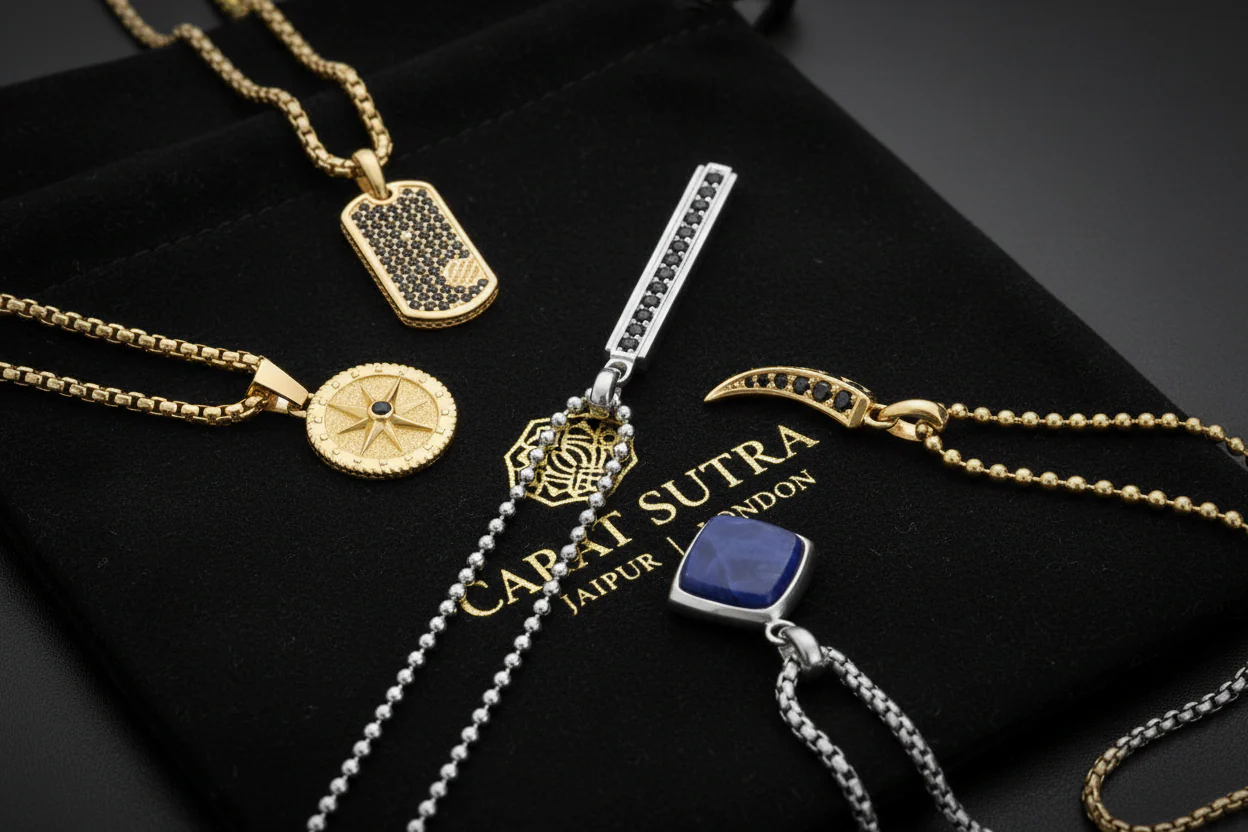 RARE PRINCE by CARAT SUTRA | Unique Designed Line Pendant Studded with Black Zircons | 925 Sterling Silver Pendant | Men's Jewelry | With Certificate of Authenticity and 925 Hallmark - Image 3