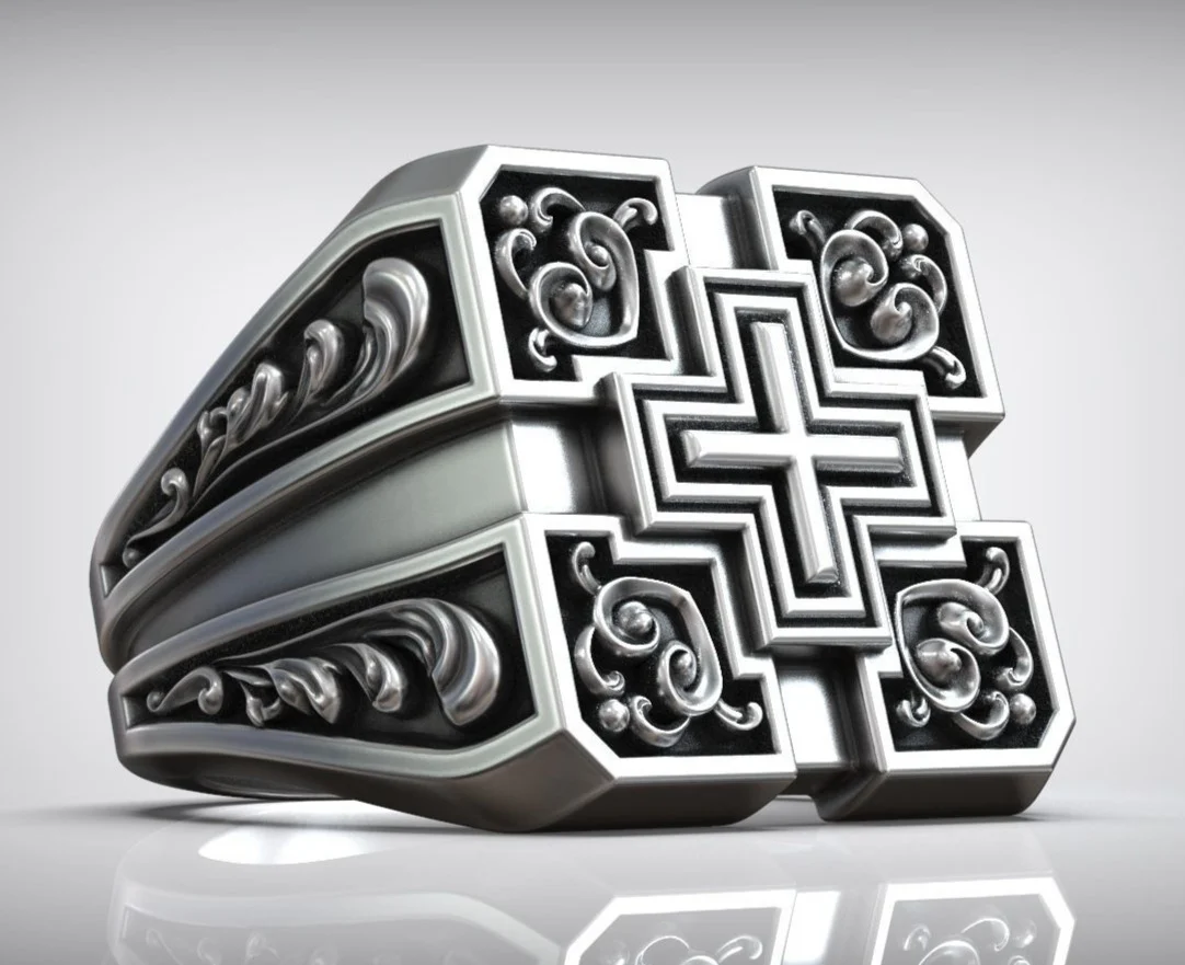 RARE PRINCE by CARAT SUTRA | Unique Designed Signet Cross Ring in Square Pattern | 925 Sterling Silver Oxidized Ring | Men's Jewelry | With Certificate of Authenticity and 925 Hallmark - Image 2