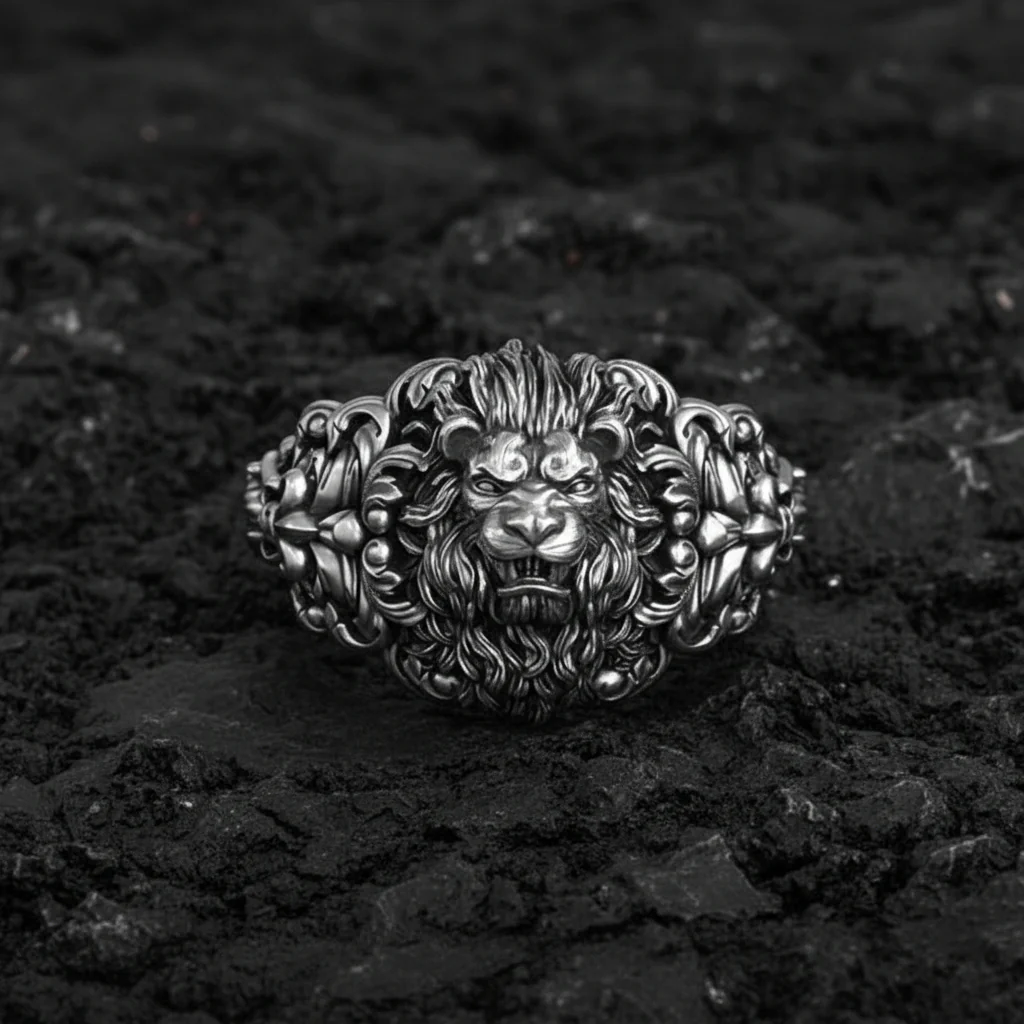 RARE PRINCE by CARAT SUTRA | Unique Designed Lion Head Ring with Royal Fleur De Lis | 925 Sterling Silver Oxidized Ring | Men's Jewelry | With Certificate of Authenticity and 925 Hallmark