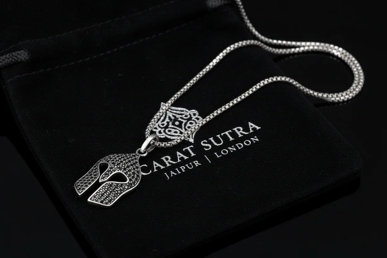 RARE PRINCE by CARAT SUTRA | Unique Designed Roman Helmet Pendant Studded with Black Zircons for Men | 925 Sterling Silver Oxidized Pendant | Men's Jewelry | With Certificate of Authenticity and 925 Hallmark - Image 5