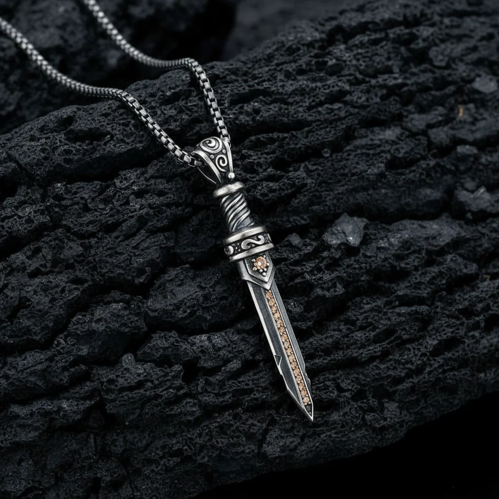 RARE PRINCE by CARAT SUTRA | Unique Designed Sword Pendant Studded with Cubic Zircons for Men | 925 Sterling Silver Oxidized Pendant | Men's Jewelry | With Certificate of Authenticity and 925 Hallmark