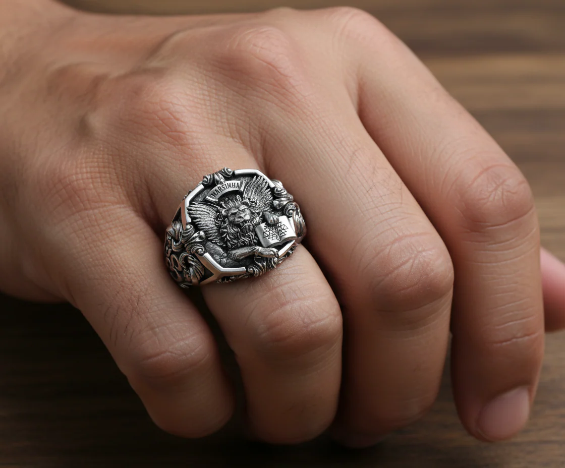 RARE PRINCE by CARAT SUTRA | Unique Designed Narsimha Lion Ring with OM symbol | 925 Sterling Silver Oxidized Ring | Men's Jewelry | With Certificate of Authenticity and 925 Hallmark - Image 3