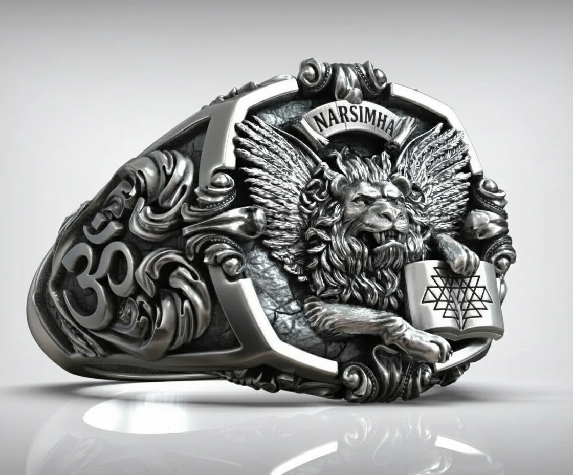 RARE PRINCE by CARAT SUTRA | Unique Designed Narsimha Lion Ring with OM symbol | 925 Sterling Silver Oxidized Ring | Men's Jewelry | With Certificate of Authenticity and 925 Hallmark - Image 4