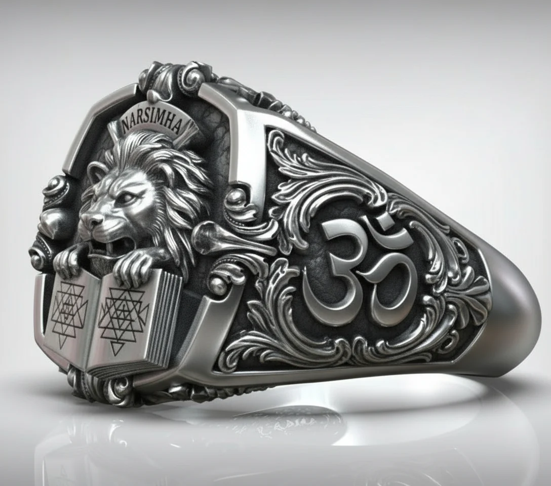 RARE PRINCE by CARAT SUTRA | Unique Designed Narsimha Lion Ring with OM symbol | 925 Sterling Silver Oxidized Ring | Men's Jewelry | With Certificate of Authenticity and 925 Hallmark - Image 5