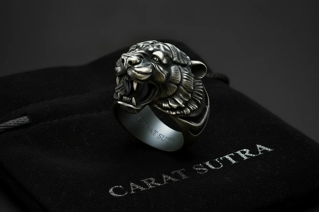 RARE PRINCE by CARAT SUTRA | Unique Designed Tiger Face Ring | 925 Sterling Silver Oxidized Ring | Men's Jewelry | With Certificate of Authenticity and 925 Hallmark - Image 3