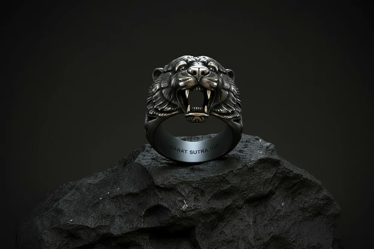 RARE PRINCE by CARAT SUTRA | Unique Designed Tiger Face Ring | 925 Sterling Silver Oxidized Ring | Men's Jewelry | With Certificate of Authenticity and 925 Hallmark - Image 4