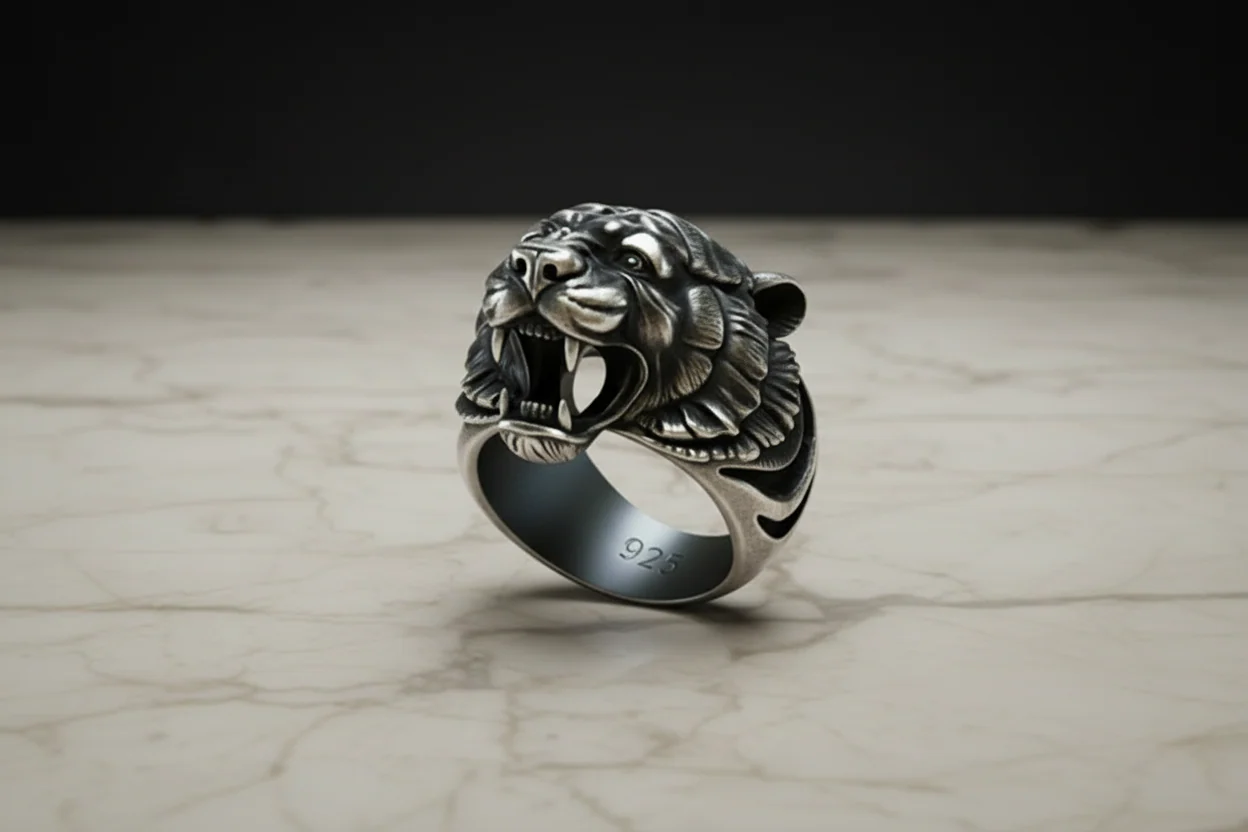 RARE PRINCE by CARAT SUTRA | Unique Designed Tiger Face Ring | 925 Sterling Silver Oxidized Ring | Men's Jewelry | With Certificate of Authenticity and 925 Hallmark - Image 5