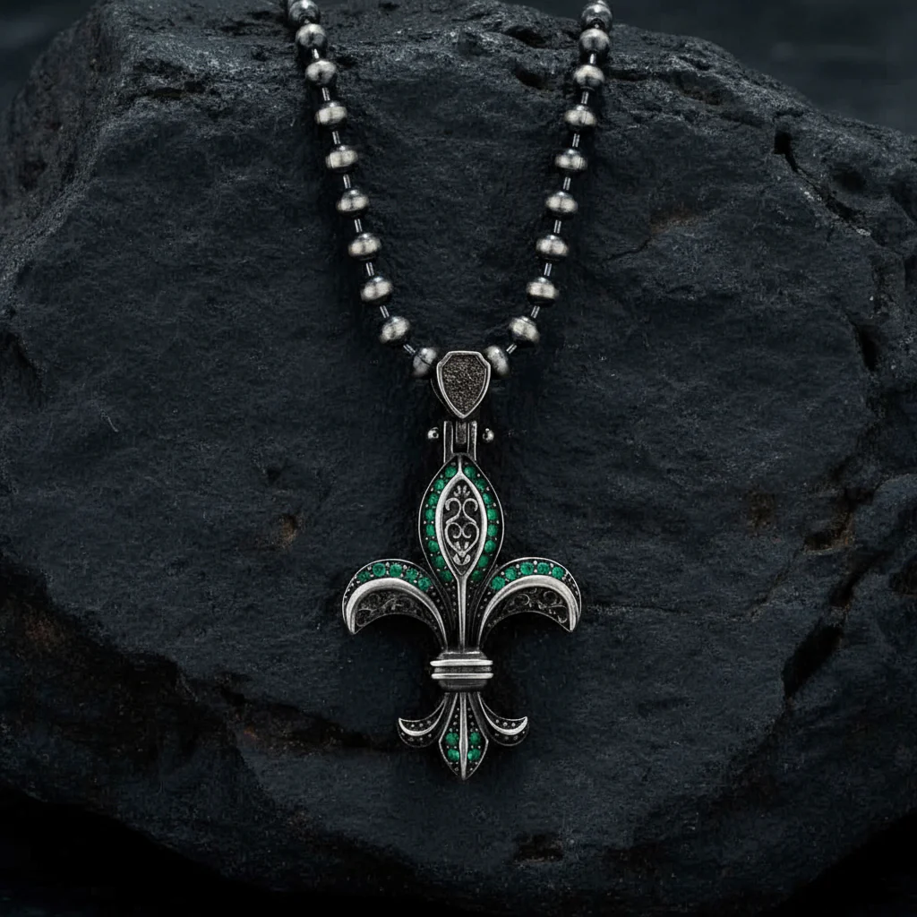 RARE PRINCE by CARAT SUTRA | Unique Designed Fleur-De-Lis Symbol Pendant Studded with Green & Black Zircons for Men | 925 Sterling Silver Oxidized Pendant | Men's Jewelry | With Certificate of Authenticity and 925 Hallmark - Image 3