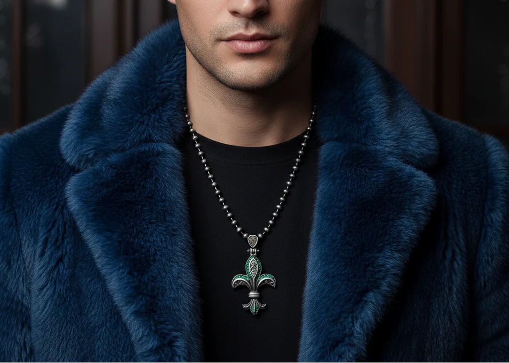 RARE PRINCE by CARAT SUTRA | Unique Designed Fleur-De-Lis Symbol Pendant Studded with Green & Black Zircons for Men | 925 Sterling Silver Oxidized Pendant | Men's Jewelry | With Certificate of Authenticity and 925 Hallmark - Image 4