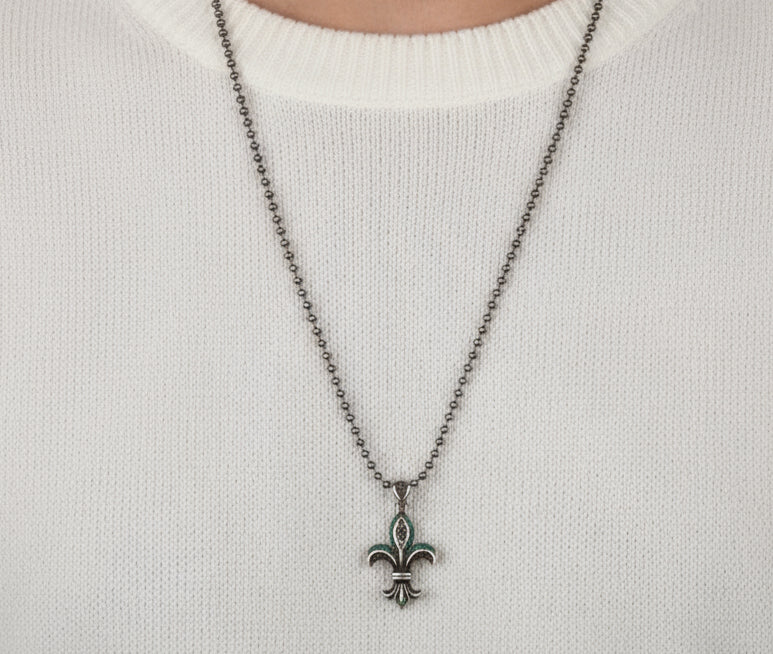 RARE PRINCE by CARAT SUTRA | Unique Designed Fleur-De-Lis Symbol Pendant Studded with Green & Black Zircons for Men | 925 Sterling Silver Oxidized Pendant | Men's Jewelry | With Certificate of Authenticity and 925 Hallmark - Image 5