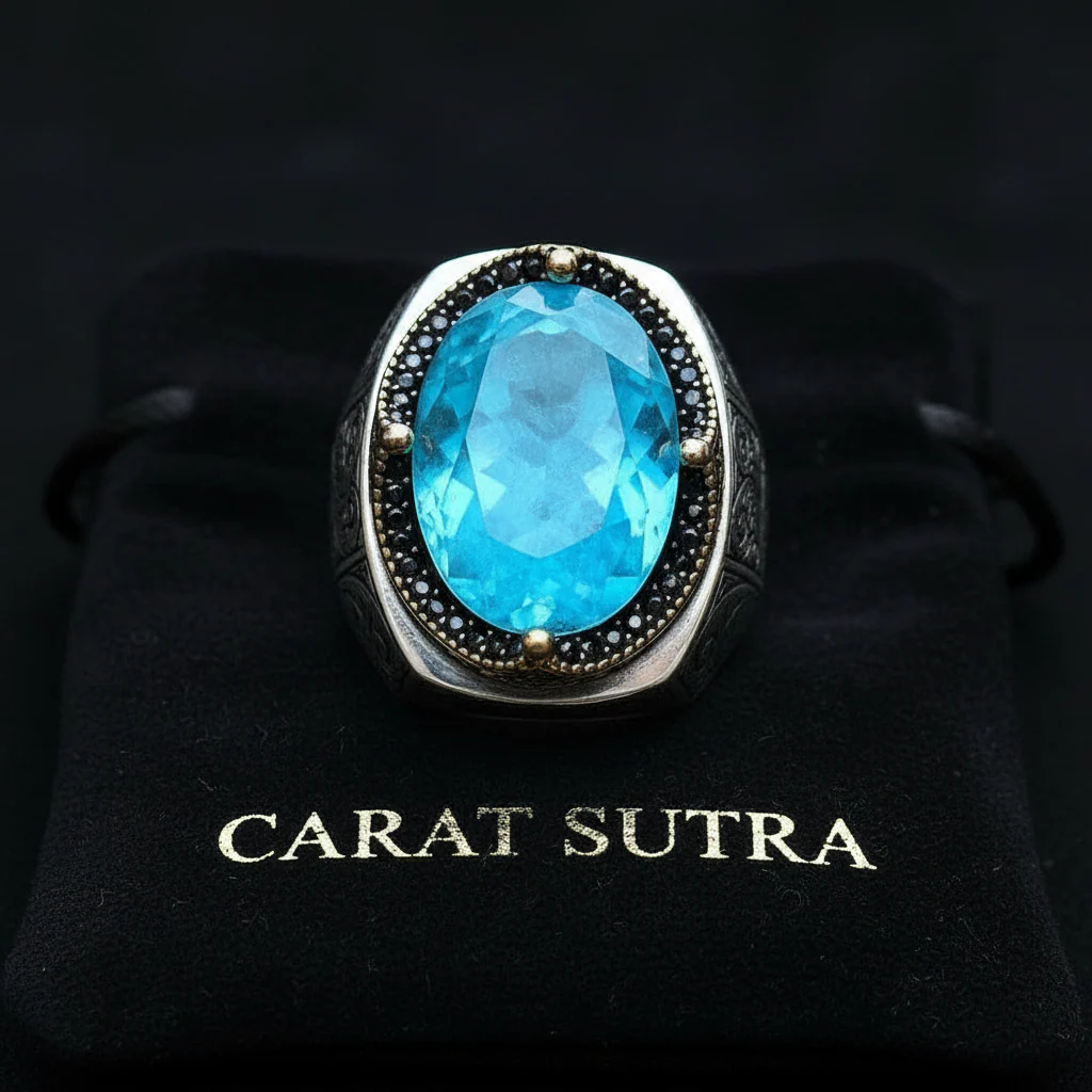 RARE PRINCE by CARAT SUTRA | Unique Designed Turkish Style Heavy Ring with Natural Blue Topaz | 925 Sterling Silver Oxidized Ring | Men's Jewelry | With Certificate of Authenticity and 925 Hallmark - Image 3
