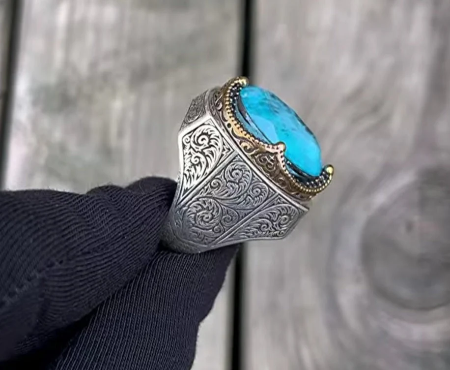RARE PRINCE by CARAT SUTRA | Unique Designed Turkish Style Heavy Ring with Natural Blue Topaz | 925 Sterling Silver Oxidized Ring | Men's Jewelry | With Certificate of Authenticity and 925 Hallmark - Image 4