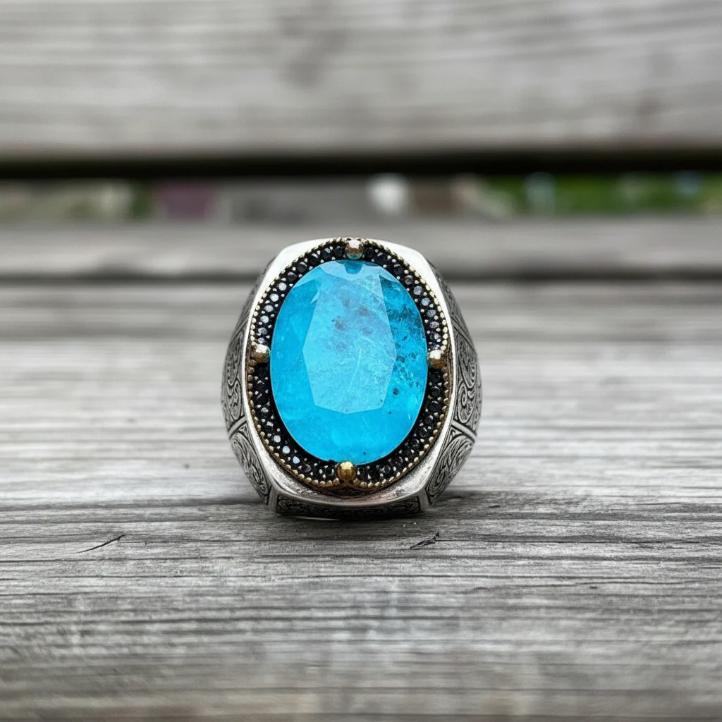 RARE PRINCE by CARAT SUTRA | Unique Designed Turkish Style Heavy Ring with Natural Blue Topaz | 925 Sterling Silver Oxidized Ring | Men's Jewelry | With Certificate of Authenticity and 925 Hallmark - Image 5