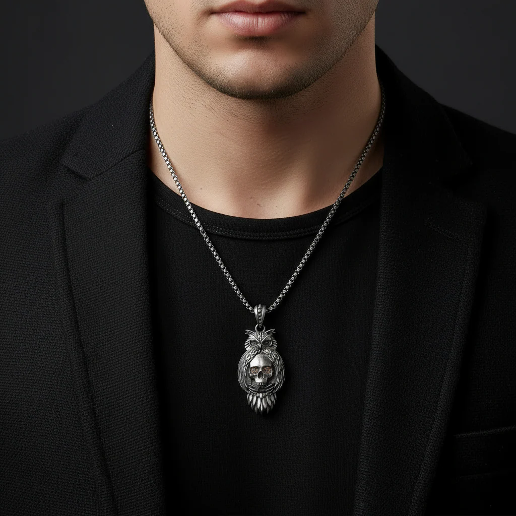 RARE PRINCE by CARAT SUTRA | Unique Designed Owl with Skull Pendant for Men | 925 Sterling Silver Oxidized Pendant | Men's Jewelry | With Certificate of Authenticity and 925 Hallmark - Image 3