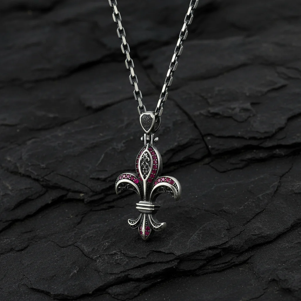 RARE PRINCE by CARAT SUTRA | Unique Designed Fleur-De-Lis Symbol Pendant Studded with Pink & Black Zircons for Men | 925 Sterling Silver Oxidized Pendant | Men's Jewelry | With Certificate of Authenticity and 925 Hallmark