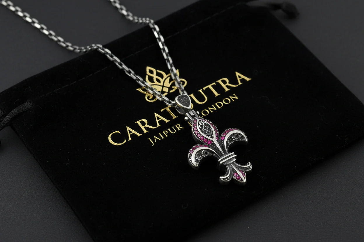 RARE PRINCE by CARAT SUTRA | Unique Designed Fleur-De-Lis Symbol Pendant Studded with Pink & Black Zircons for Men | 925 Sterling Silver Oxidized Pendant | Men's Jewelry | With Certificate of Authenticity and 925 Hallmark - Image 2