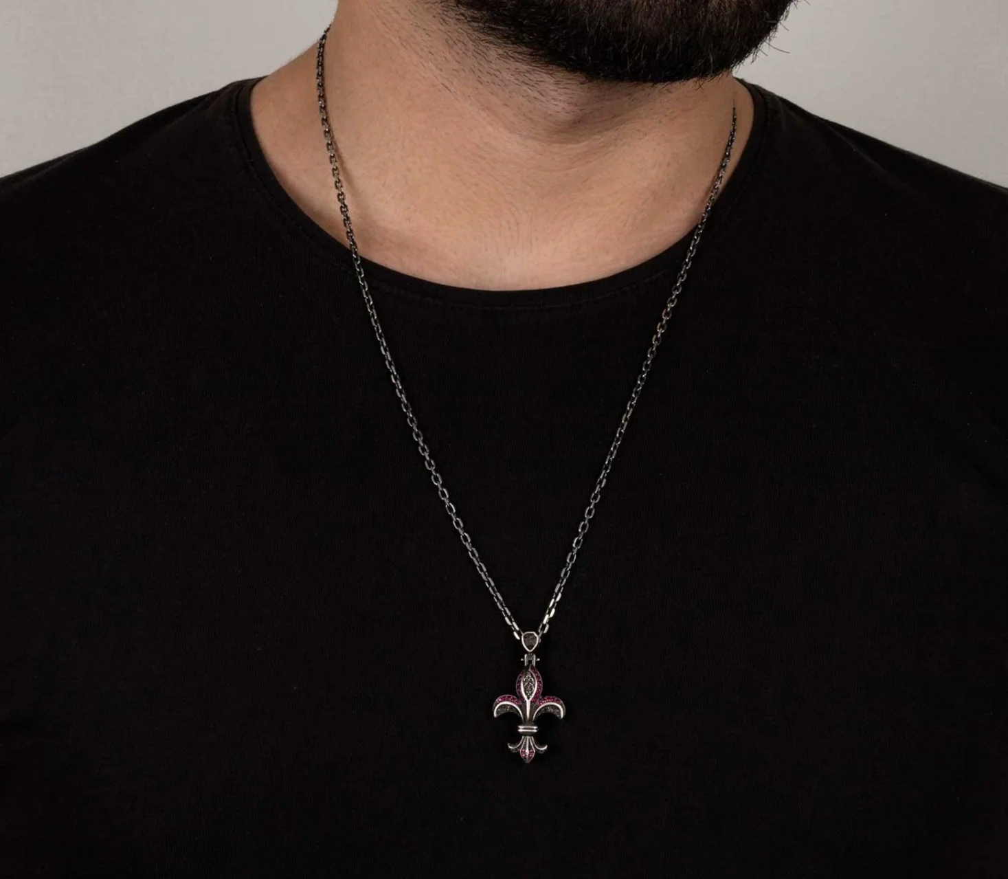 RARE PRINCE by CARAT SUTRA | Unique Designed Fleur-De-Lis Symbol Pendant Studded with Pink & Black Zircons for Men | 925 Sterling Silver Oxidized Pendant | Men's Jewelry | With Certificate of Authenticity and 925 Hallmark - Image 5